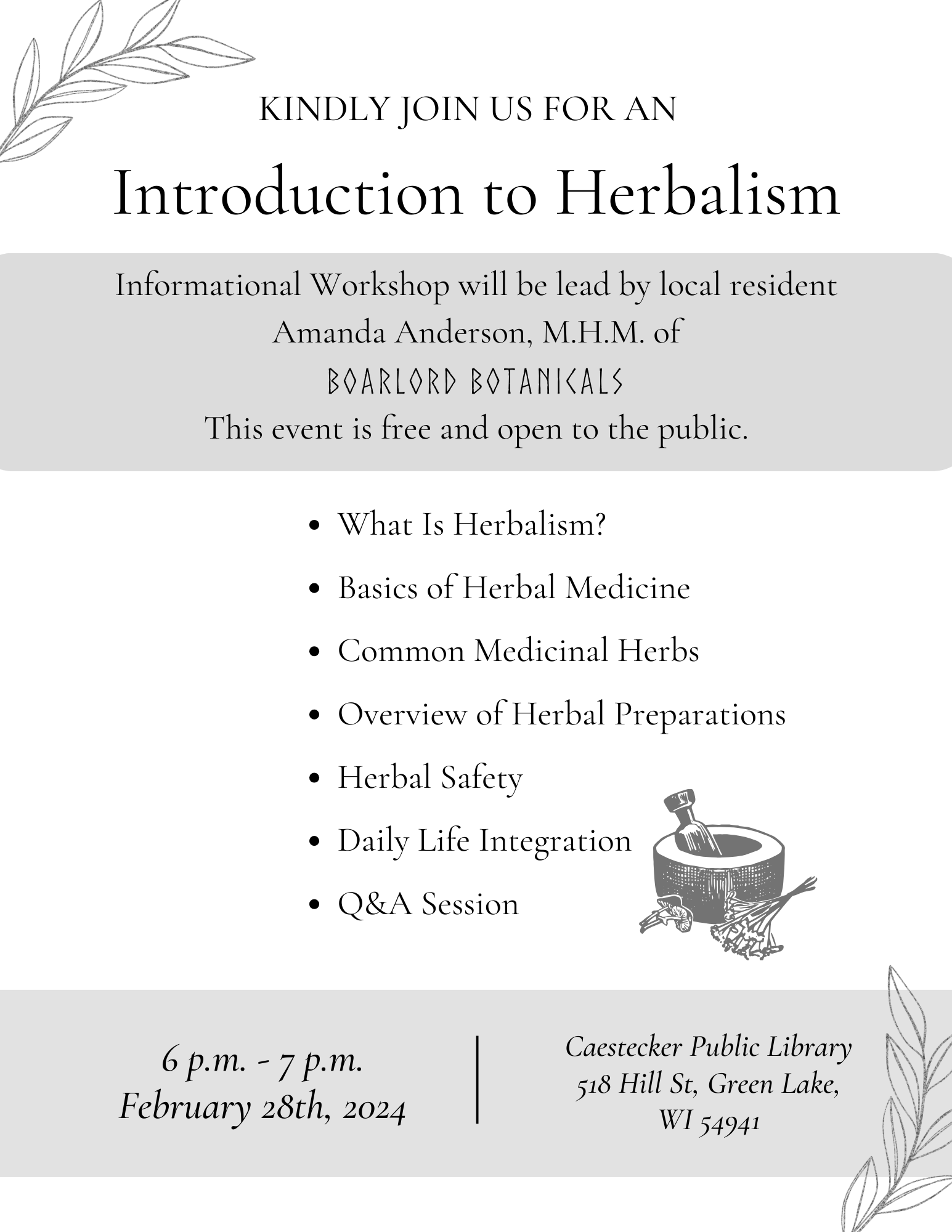 Caestecker Public Library Introduction to Herbalism Lower Level